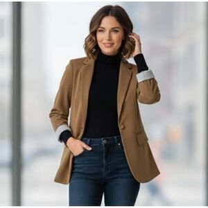 NWT PLEASE Women's Size Medium Beige Long Sleeve Notch Lapel patch pocket Blazer